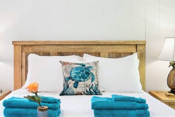 A bed is set on a back white wall with beep turquoise towels prepared on the cover and a cheerful pillow depicting a turtle. Two long windows on each side bright lots of saturated light into the room.